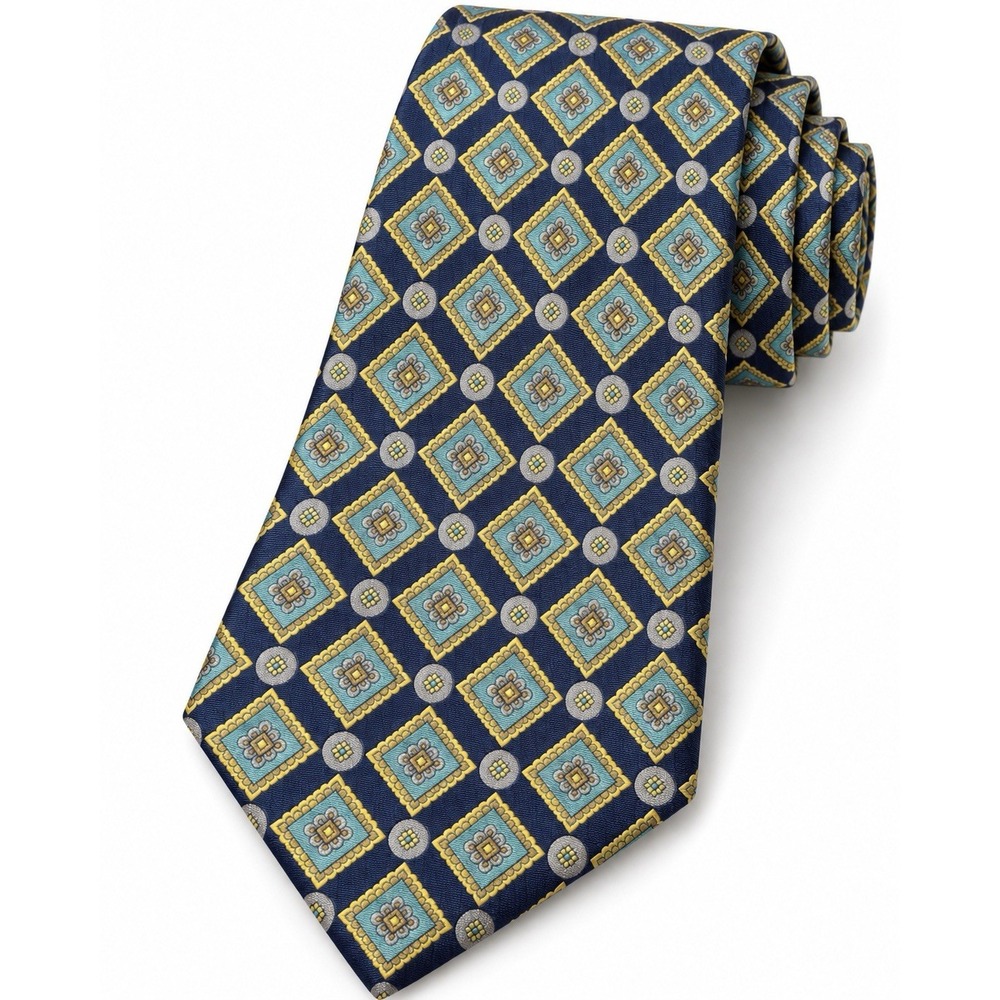 Men's 100% Silk Tie Navy Teal Gold Geometric Medallion Necktie 58 x 3.5